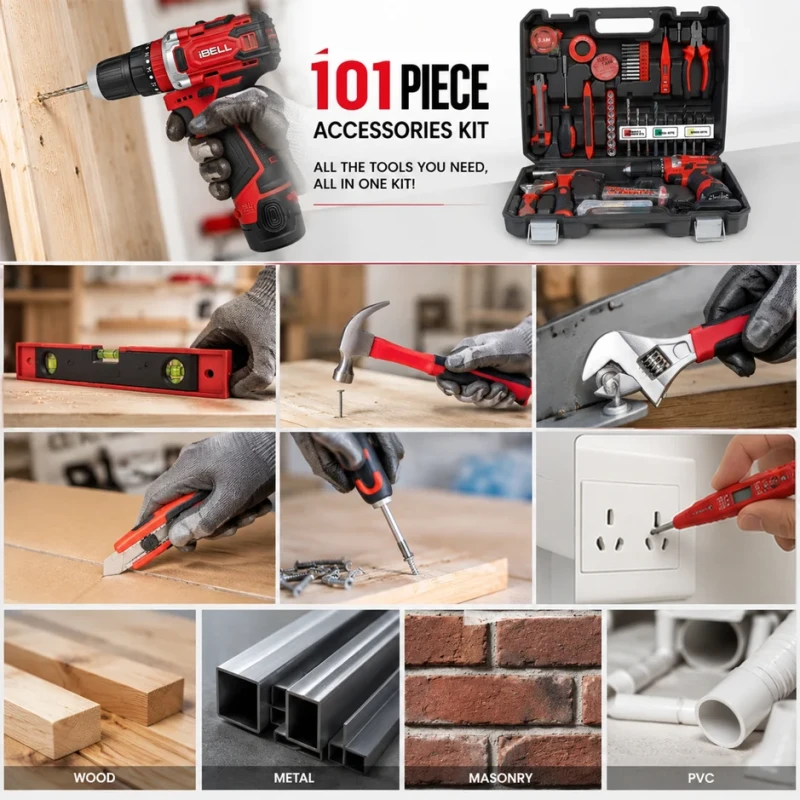 iBELL Cordless Impact Drill Toolbox 12V 1500mAh 101-Piece Kit Brushless | EnvMart