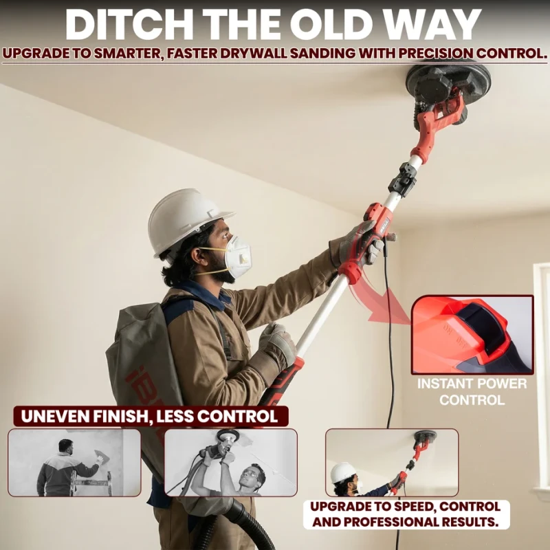 Drywall Sander Long Handle 9" (215mm), 1000W, Variable Speed, Auto Dust Collection | EnvMart