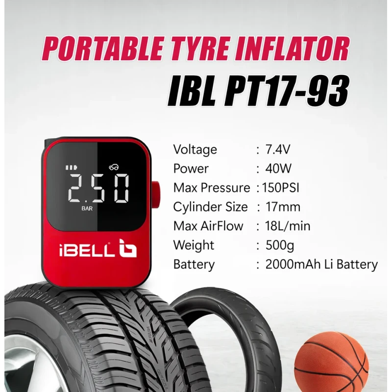 Portable Tyre Inflator 7.4V DC, 40W, 150 PSI, 2000mAh Lithium Battery, 18L/min Air Flow | EnvMart