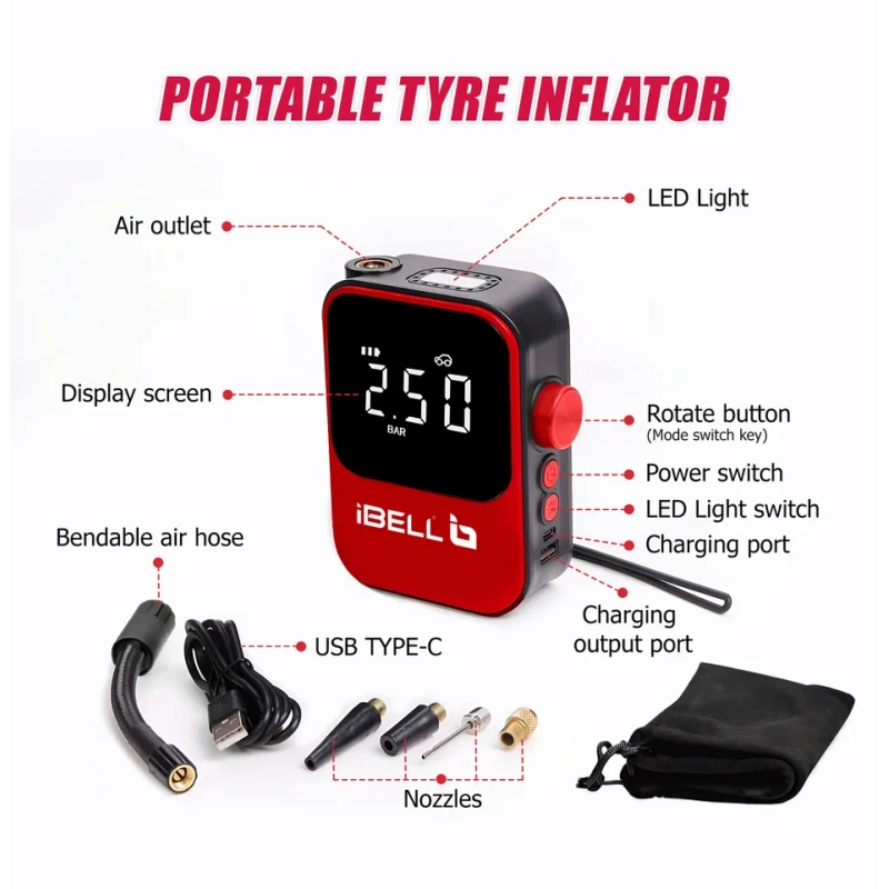Portable Tyre Inflator 7.4V DC, 40W, 150 PSI, 2000mAh Lithium Battery, 18L/min Air Flow | EnvMart