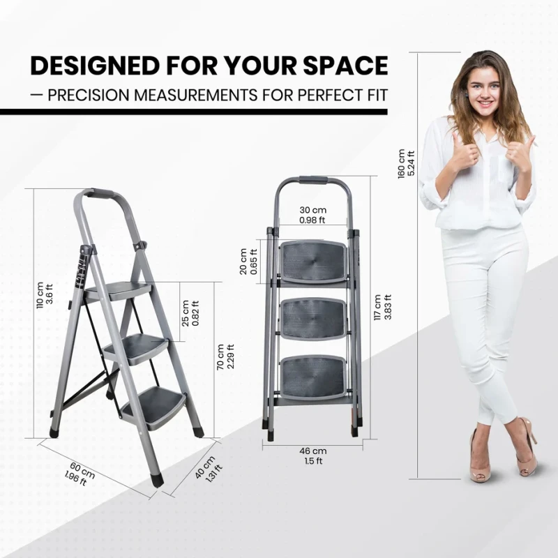 T003E 3 Step Iron Ladder, Powder Coated, 150 kg Load, Anti-Skid, Foldable | EnvMart