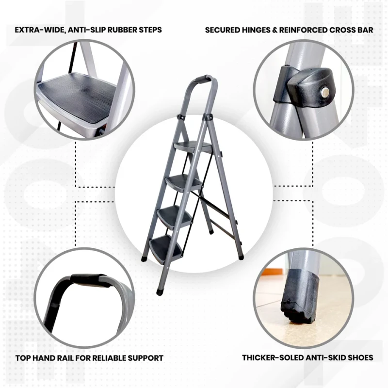 Iron Ladder T004E 4 Steps Heavy-Duty, Anti-Skid, 150 kg Load Capacity, Foldable | EnvMart