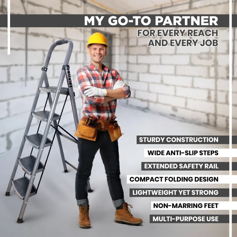 Iron Ladder T005E 5 Steps Anti-Skid Foldable Heavy-Duty 150 kg Capacity | EnvMart