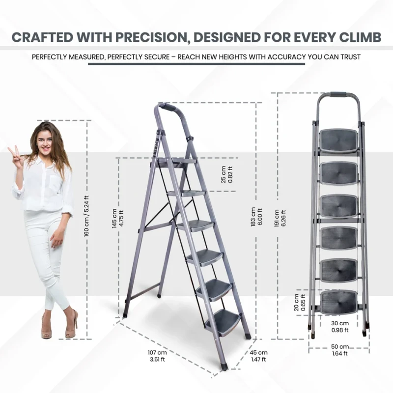 6 Step Iron Ladder T006E, Wide Anti-Skid Steps, 150 kg Capacity, Powder-Coated, Foldable | EnvMart