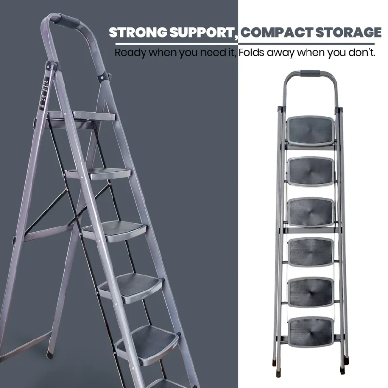 6 Step Iron Ladder T006E, Wide Anti-Skid Steps, 150 kg Capacity, Powder-Coated, Foldable | EnvMart