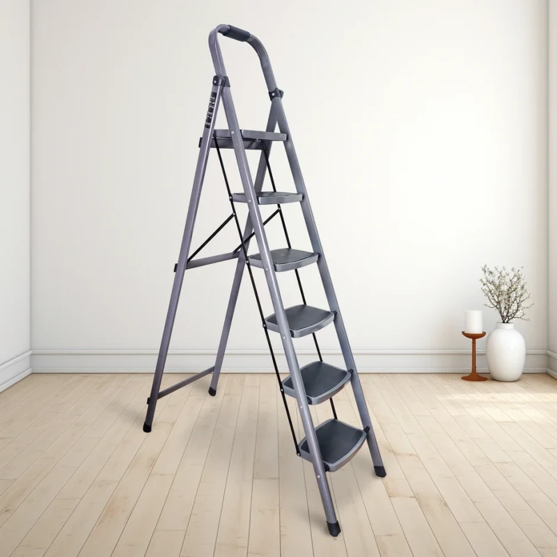 6 Step Iron Ladder T006E, Wide Anti-Skid Steps, 150 kg Capacity, Powder-Coated, Foldable | EnvMart