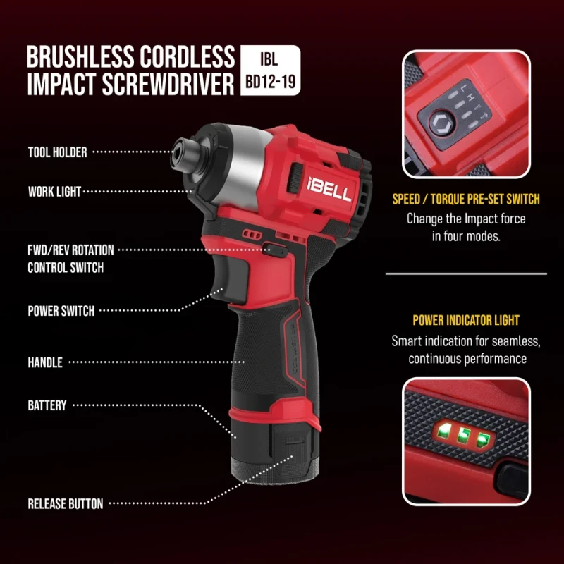 Cordless Impact Screw Driver IBL BD12-19 Brushless Motor 185 Nm Torque 2-Speed Hex Chuck | EnvMart