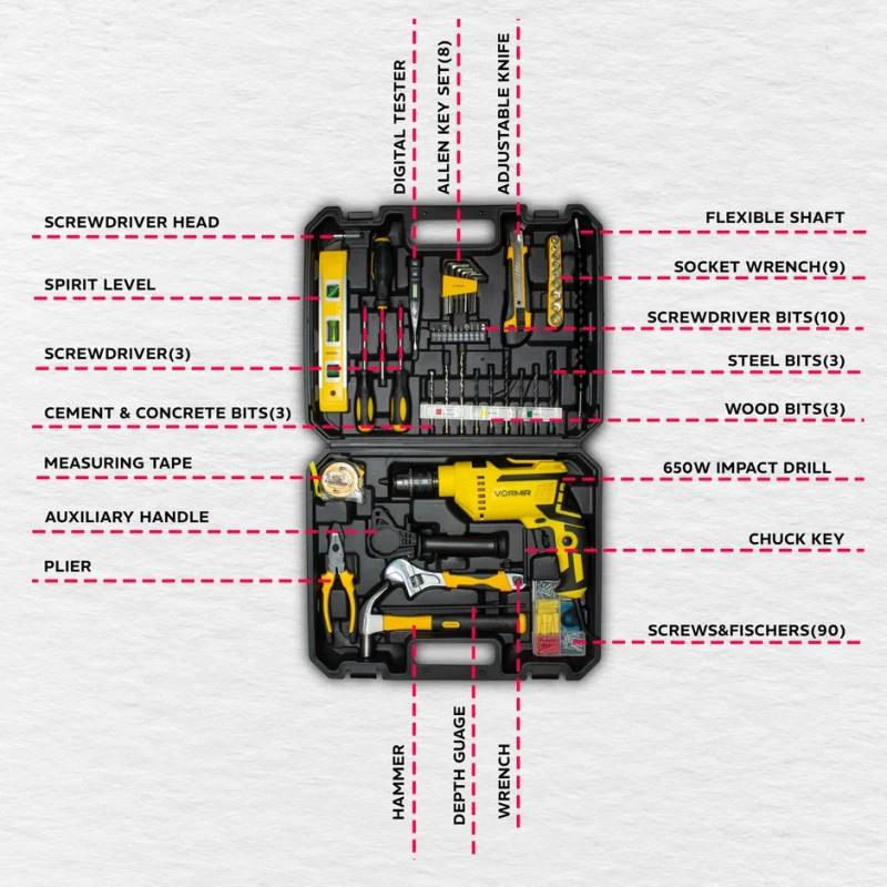 Impact Drill Tool Set 650W 13mm Keyless Chuck 220-230V 0-2800 RPM 90 Accessories | EnvMart
