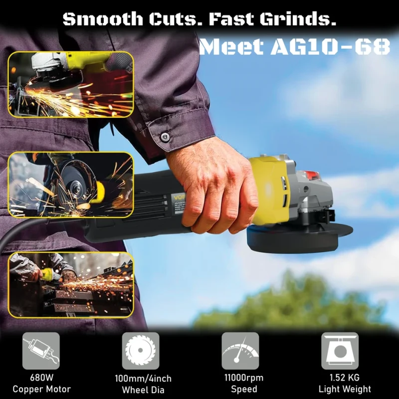 VORMIR VR AG10-68 Angle Grinder 100mm, 680W, 11000 RPM, Class II | EnvMart