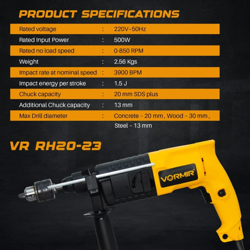 VR RH20-23 Rotary Hammer Drill 20 mm 500W SDS Plus | EnvMart