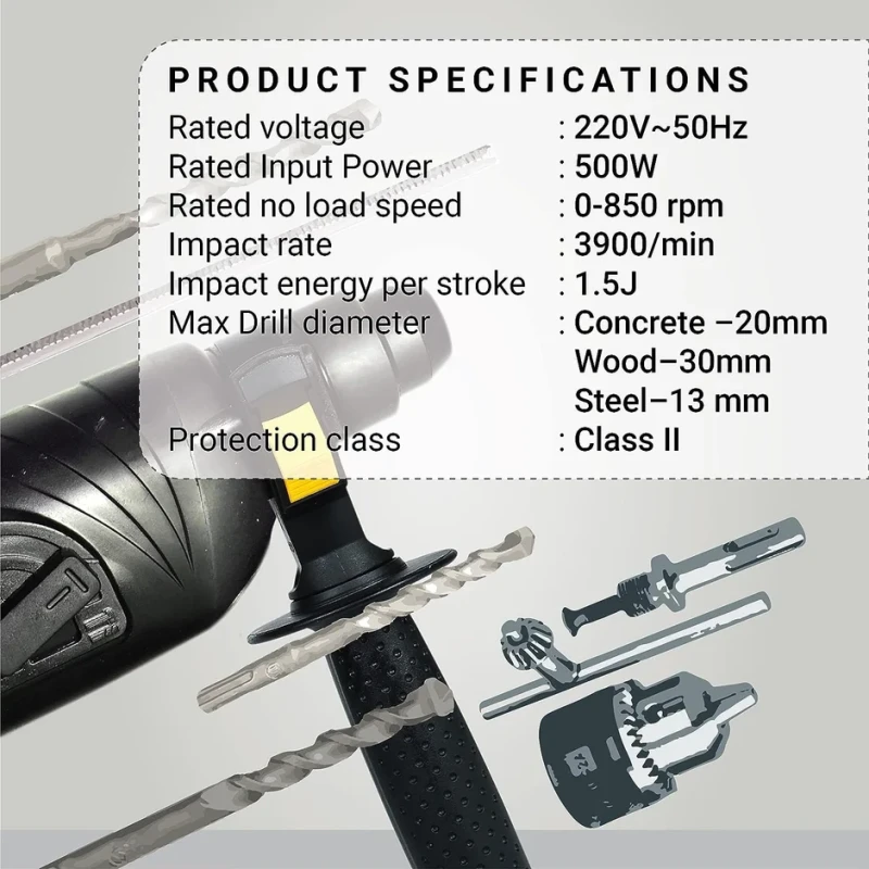 Rotary Hammer Drill VR RH20-25 20 mm 500W SDS Plus 850 RPM Two-Mode | EnvMart