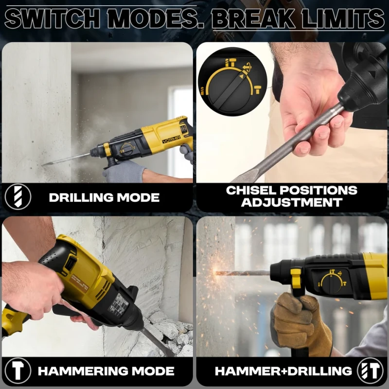 VR RH26-24 Rotary Hammer Drill 26mm SDS Plus, 800W, 220V, 3 J Impact Energy | EnvMart