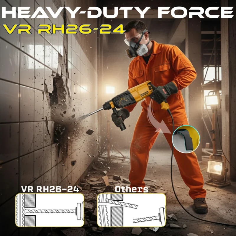 VR RH26-24 Rotary Hammer Drill 26mm SDS Plus, 800W, 220V, 3 J Impact Energy | EnvMart