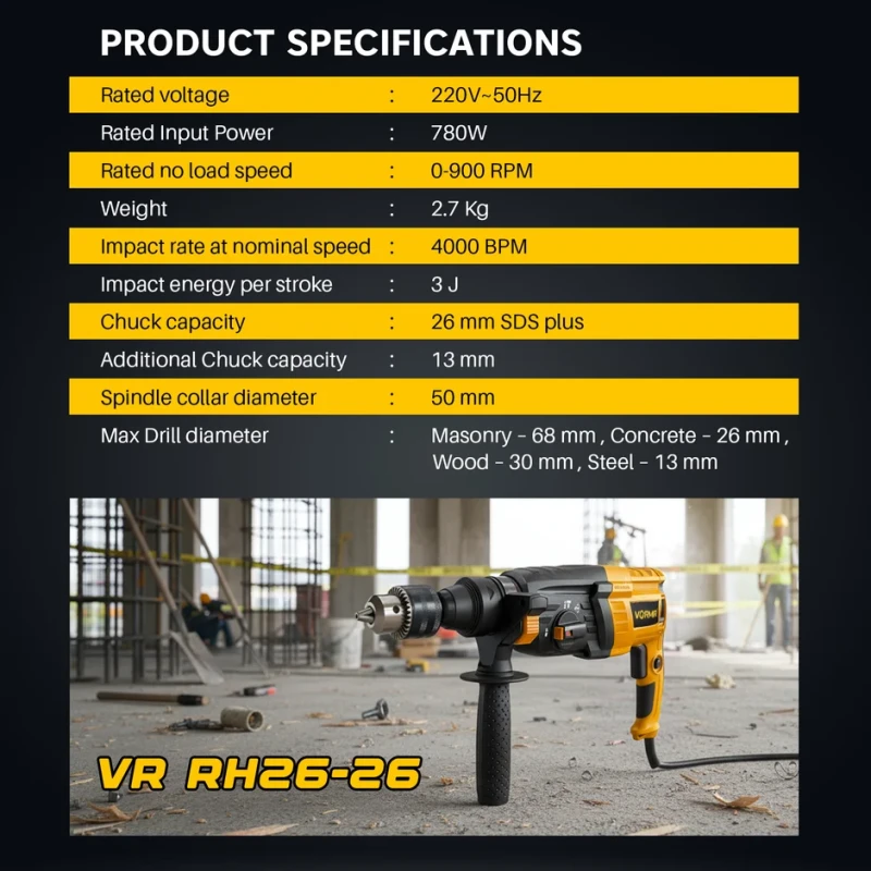 Hammer Drill VR RH 26-26, 26 mm SDS Plus, 780W, 220V, 3-Mode Rotary Hammer | EnvMart