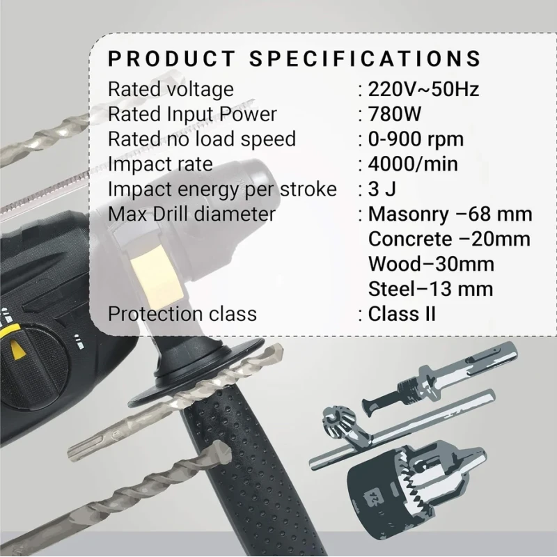 Hammer Drill VR RH 26-26, 26 mm SDS Plus, 780W, 220V, 3-Mode Rotary Hammer | EnvMart