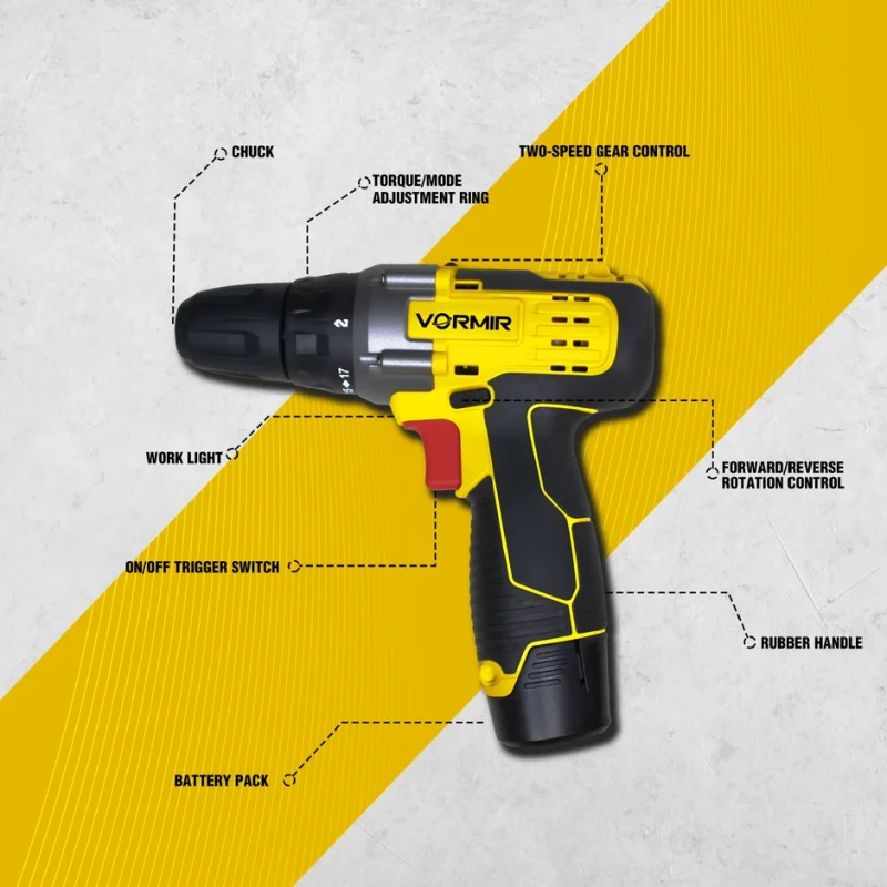 Cordless Driver Drill VR CD12-45, 12V, 25Nm, Dual 1500mAh Li-Ion Batteries, 10mm Keyless Chuck | EnvMart