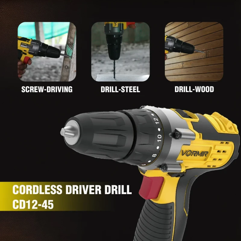 Cordless Driver Drill VR CD12-45, 12V, 25Nm, Dual 1500mAh Li-Ion Batteries, 10mm Keyless Chuck | EnvMart