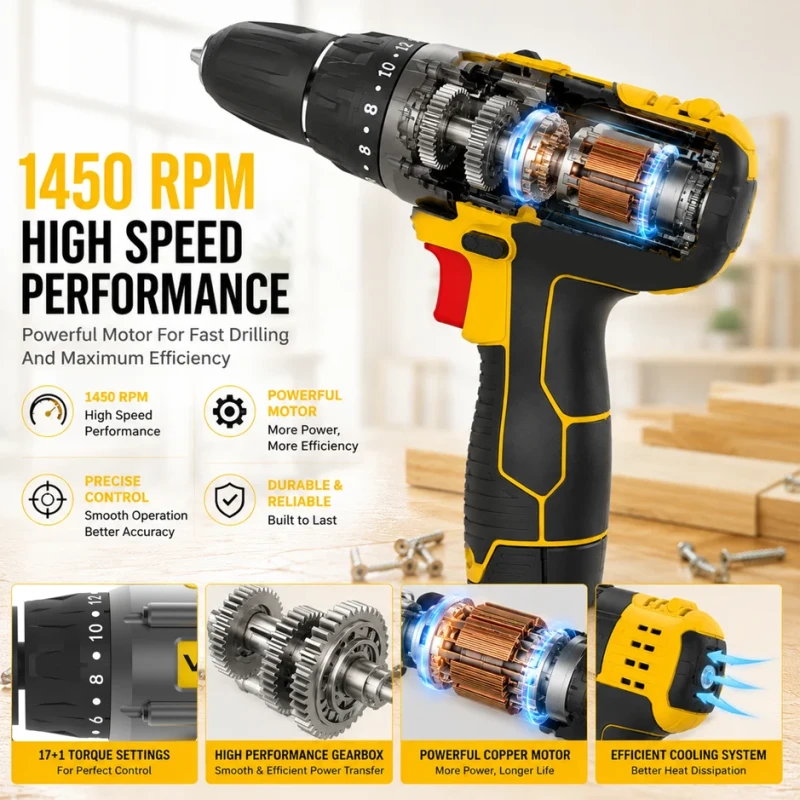 Cordless Driver Drill VR CD12-45, 12V, 25Nm, Dual 1500mAh Li-Ion Batteries, 10mm Keyless Chuck | EnvMart