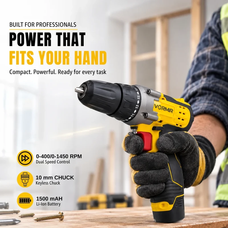 Cordless Driver Drill VR CD12-45, 12V, 25Nm, Dual 1500mAh Li-Ion Batteries, 10mm Keyless Chuck | EnvMart