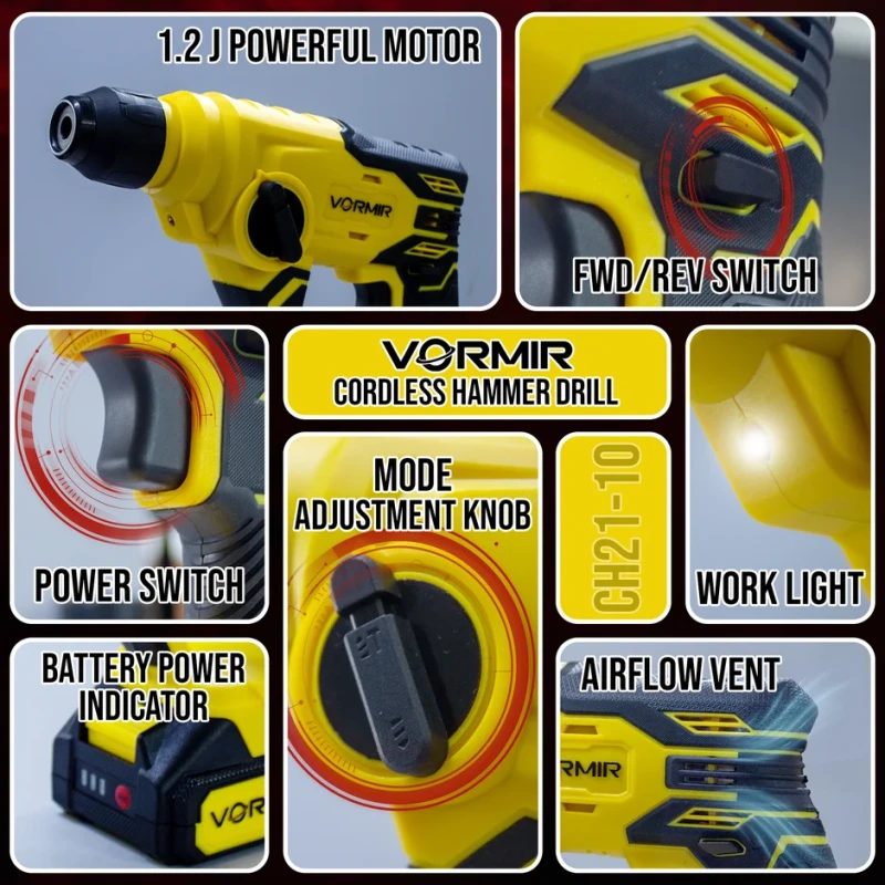 Cordless Rotary Hammer Drill VR CH21-10, 20V Li-Ion, 2.0Ah, SDS Plus, 1.2J Impact | EnvMart