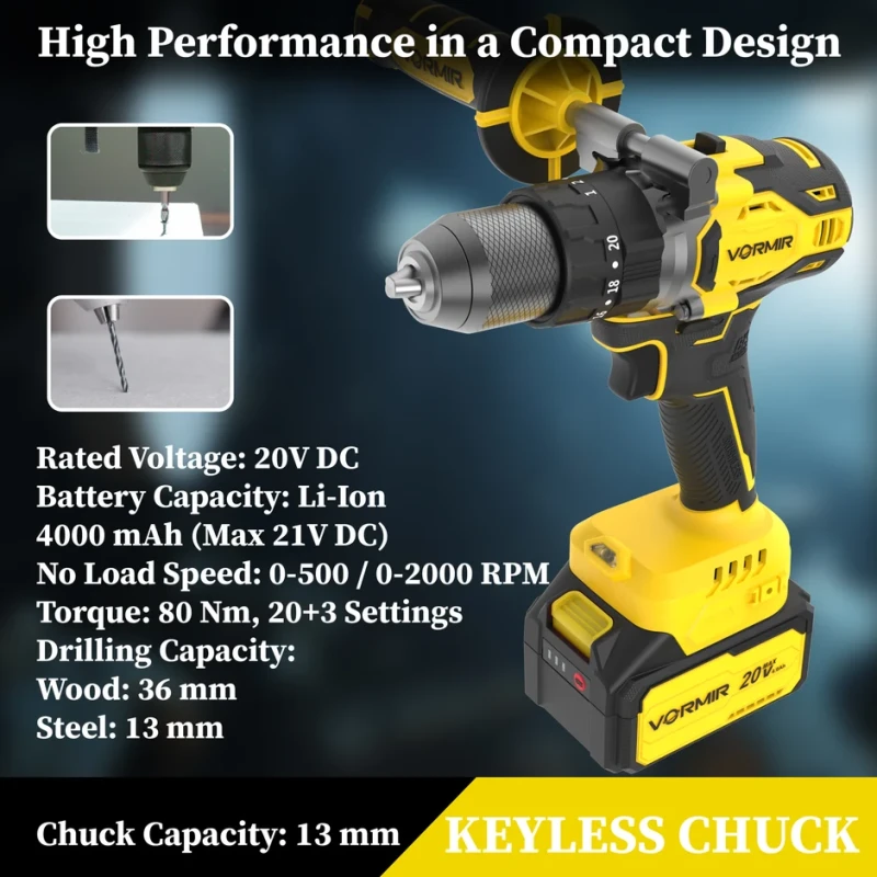 VR BD21-80 Cordless Brushless Impact Drill 80 Nm, 2-Speed, 4.0Ah, BMC Case | EnvMart