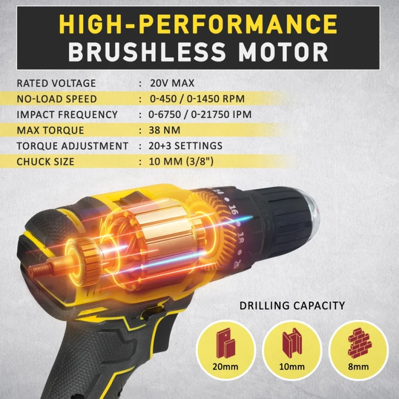 Cordless Impact Drill Toolbox VR BT21-38, Brushless, 20V Max, 38Nm, Li-ion | EnvMart