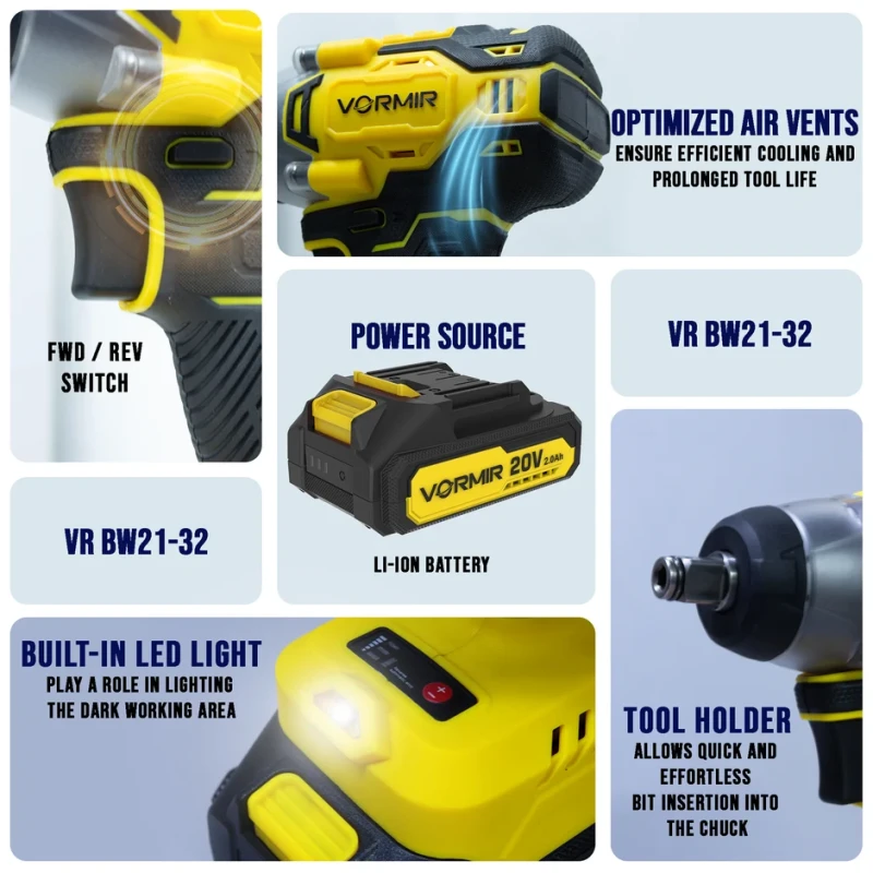 Cordless Impact Wrench VR BW21-32, Brushless, 20V MAX, 320 Nm, 2Ah Battery, 3-Speed | EnvMart