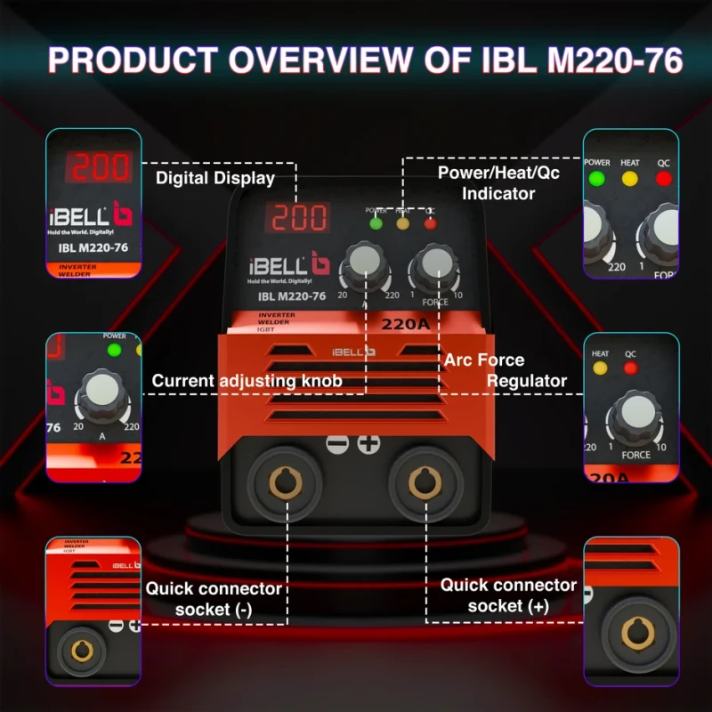 iBELL M220-76 MMA Welding Machine 220A IGBT Inverter, VRD, Hot Start, Portable | EnvMart