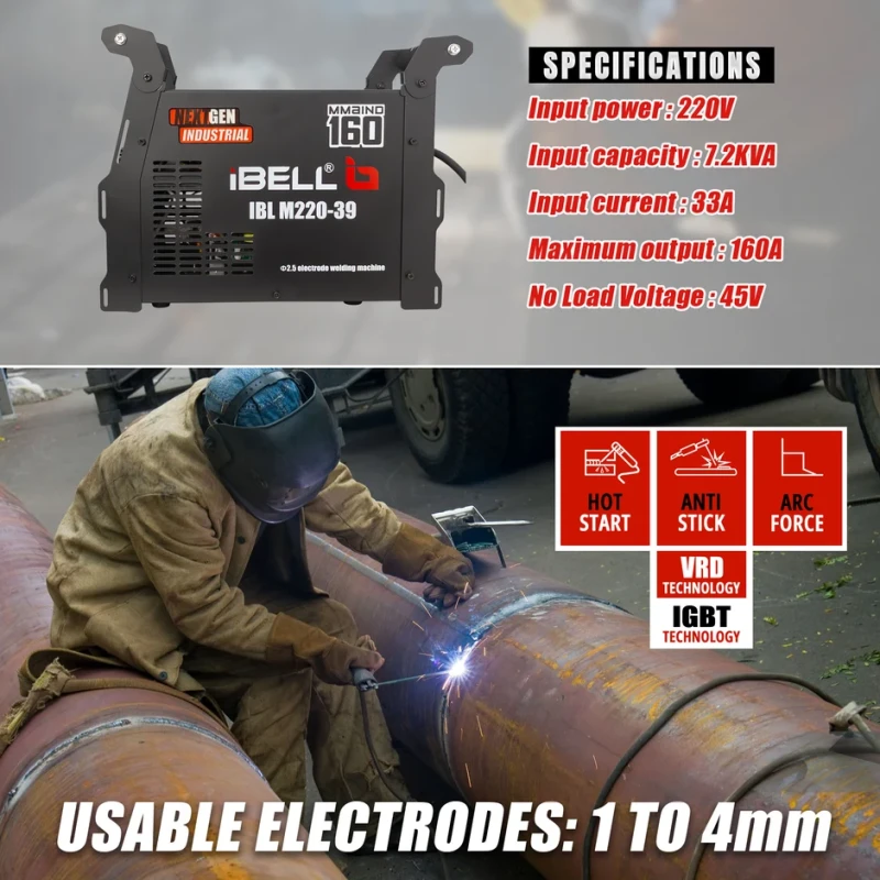 M220-39 MMA Welding Machine 220A IGBT Inverter, Hot Start, ARC Force, VRD, IP21S | EnvMart