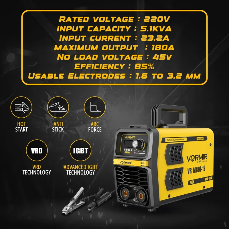 MMA Welding Machine M180-12, 220V, 5.1 KVA, 20–180A, IGBT, VRD, Anti-Stick, Hot Start | EnvMart