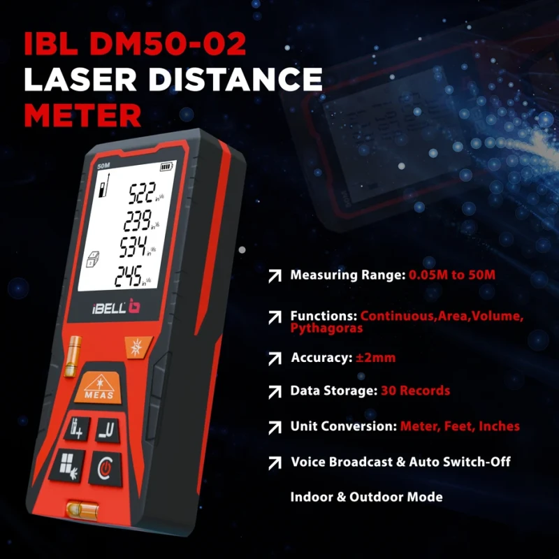 Laser Distance Meter DM50-02, 0.05–50m, ±2.0mm Accuracy, Multi-Mode | EnvMart