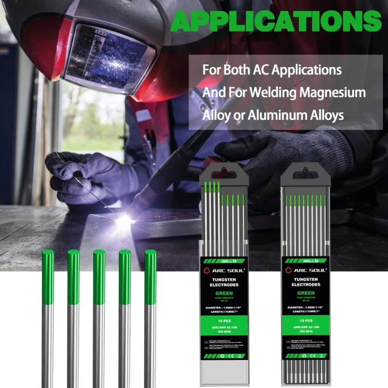 Pure Tungsten Electrode Set Green 1.6 mm x 175 mm AC/DC Welding Aluminium Magnesium 10 Pcs | EnvMart