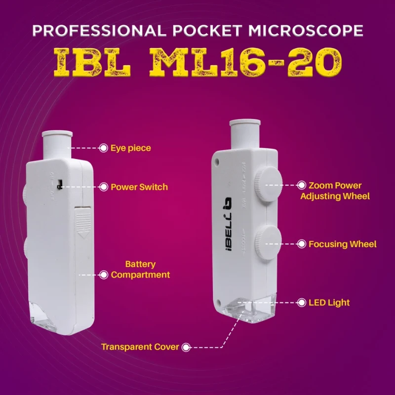 iBELL IBL-ML16-20 Mini Pocket Microscope 160X–200X LED, ABS Body | EnvMart