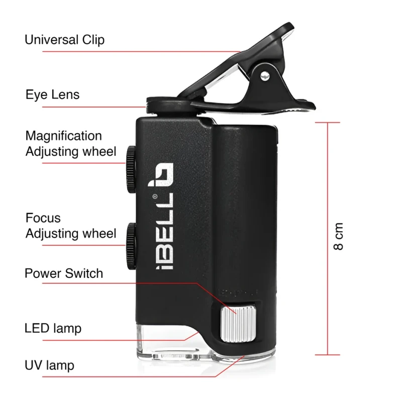 iBELL ML60-10 Mini Pocket Microscope 60X–100X Adjustable Magnification, Optical Glass, LED Light | EnvMart
