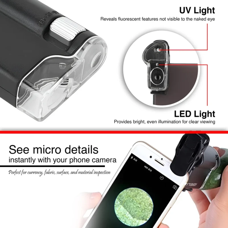 iBELL ML60-10 Mini Pocket Microscope 60X–100X Adjustable Magnification, Optical Glass, LED Light | EnvMart
