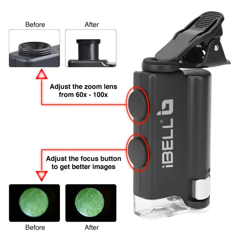 iBELL ML60-10 Mini Pocket Microscope 60X–100X Adjustable Magnification, Optical Glass, LED Light | EnvMart