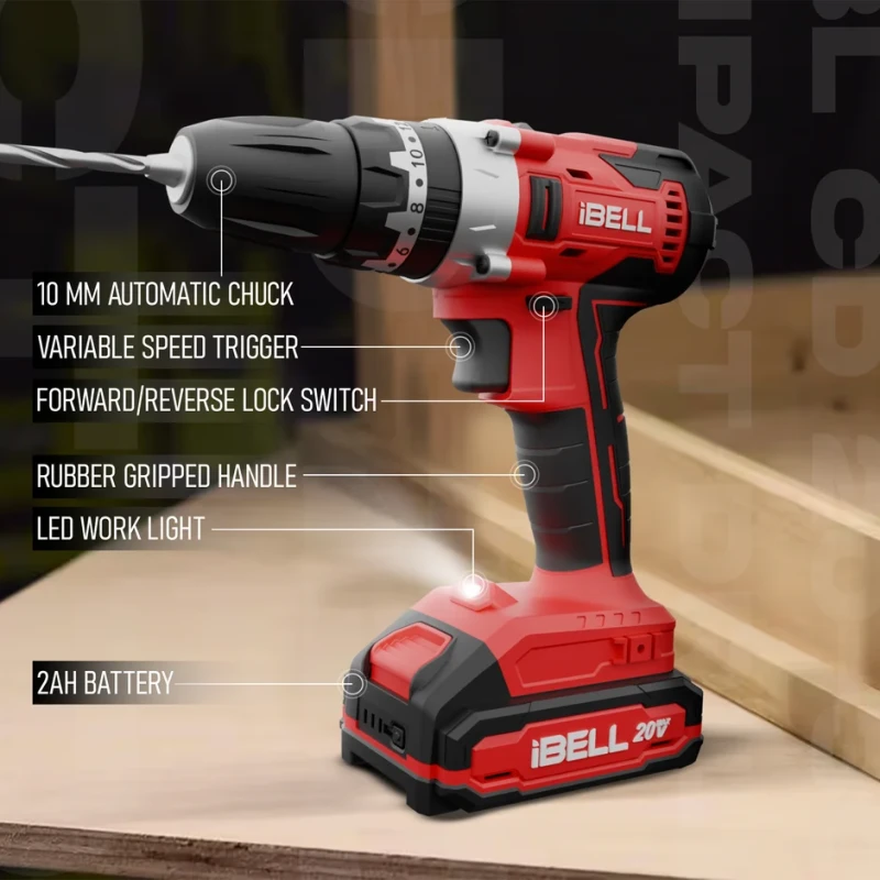 Cordless Impact Drill 20V DC 2Ah Battery & Charger, 80Nm Max Torque, 10mm Chuck | EnvMart