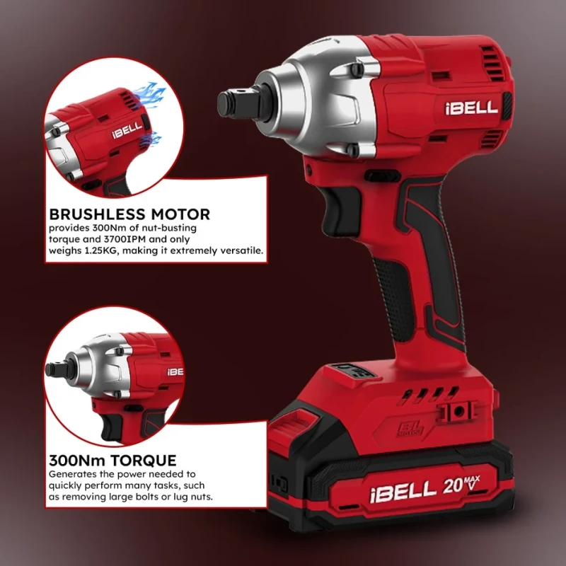 Brushless Cordless Impact Wrench 20V 300Nm 2Ah Battery Charger | EnvMart