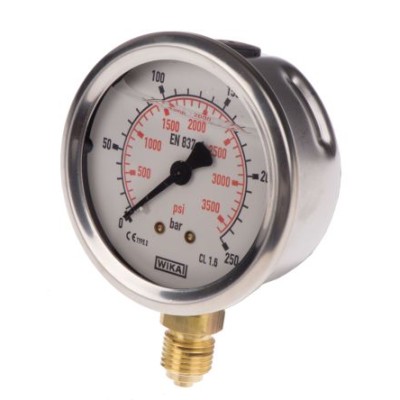 WIKA Pressure Gauge 250 bar, G 1/4 Male, Copper Alloy, Bottom Entry, Stainless Steel, 63mm Dial 9626951