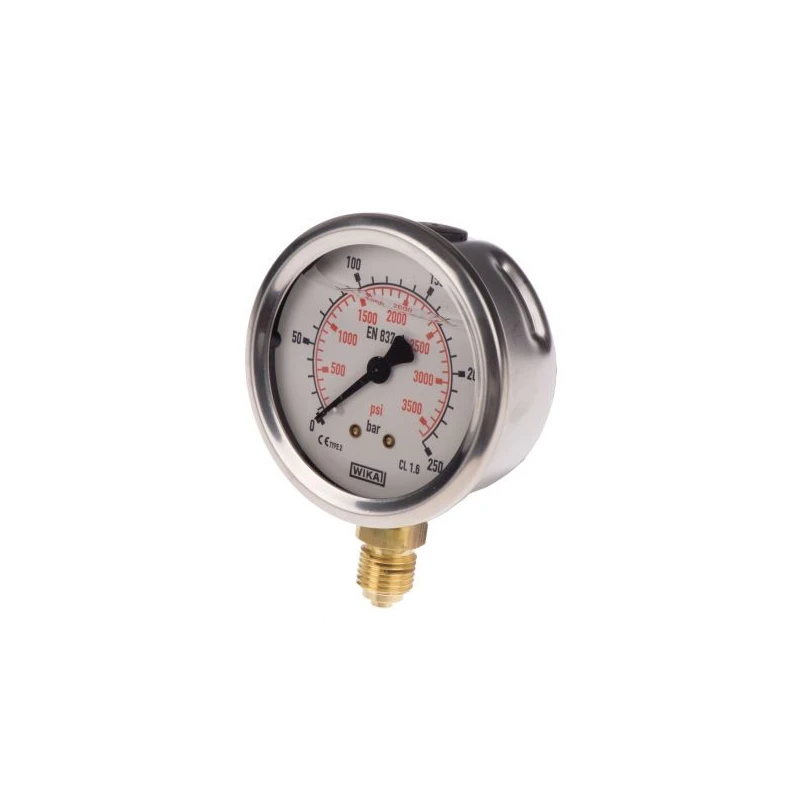 WIKA Pressure Gauge 250 bar, G 1/4 Male, Copper Alloy, Bottom Entry, Stainless Steel, 63mm Dial 9626951