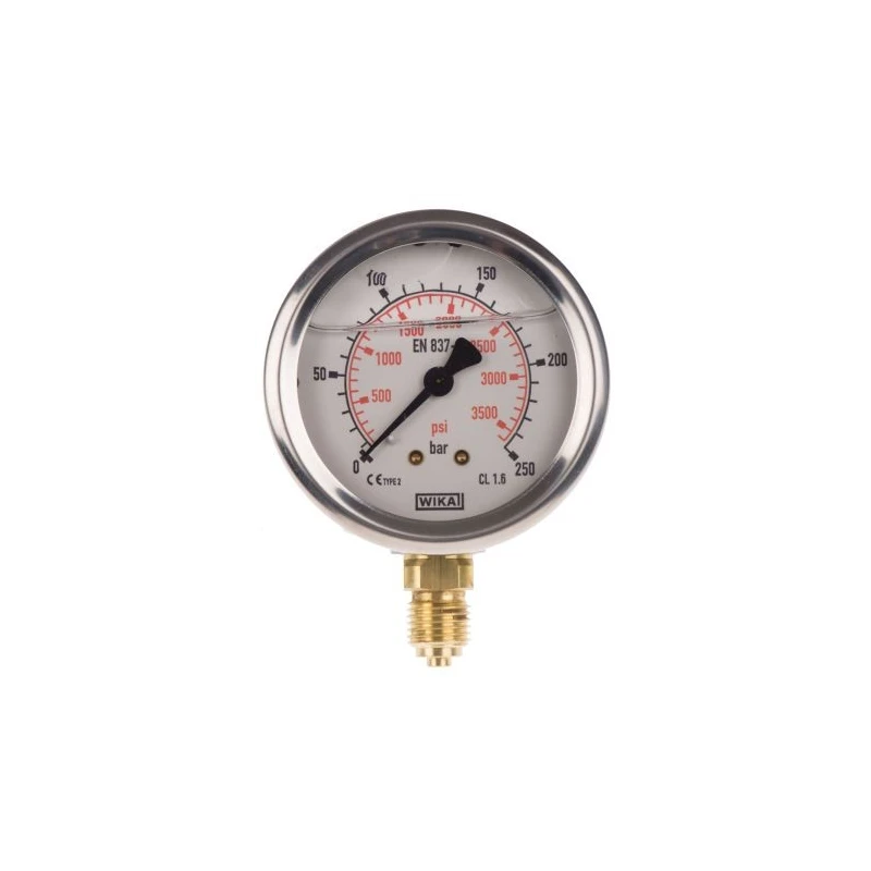 WIKA Pressure Gauge 250 bar, G 1/4 Male, Copper Alloy, Bottom Entry, Stainless Steel, 63mm Dial 9626951