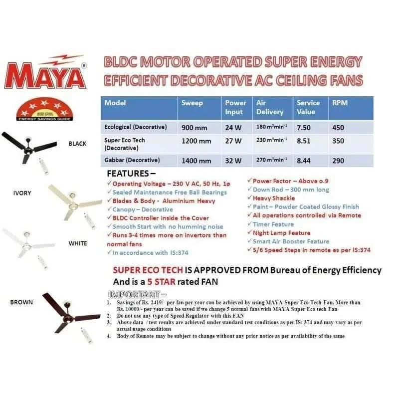 Maya Super Eco Tech Decorative BLDC Ceiling Fan 1200mm 27W Ivory, 350 RPM, 230V, Model 1200-ECOTECH-DECO-IVORY