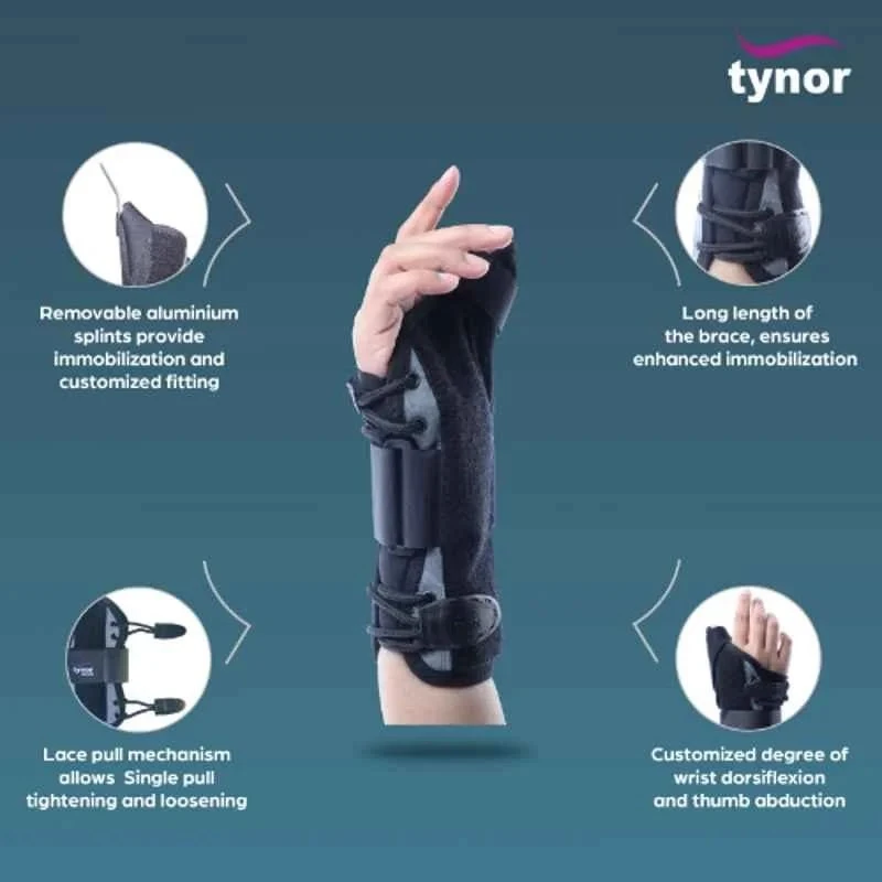 Tynor Wrist Splint with Thumb Support, Size S, Black, Polyester & Aluminium,