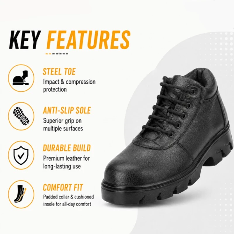 Rigau Black Leather Steel Toe Safety Shoes Size 10, PU Sole, ISI Certified 1084