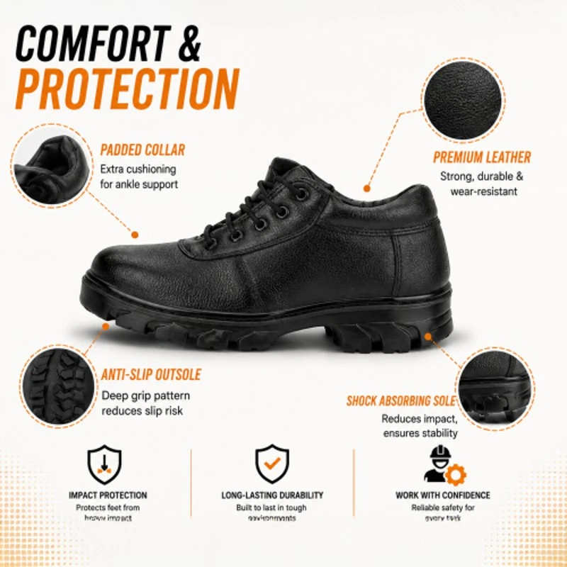 Rigau Black Leather Steel Toe Safety Shoes Size 10, PU Sole, ISI Certified 1084