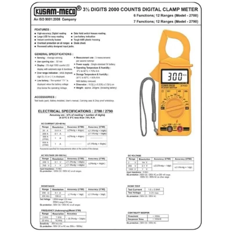 Kusam Meco Digital Multi Clamp Meter True-RMS, 2000 Counts, 0–600A AC, 0–1000V DC, KM2790