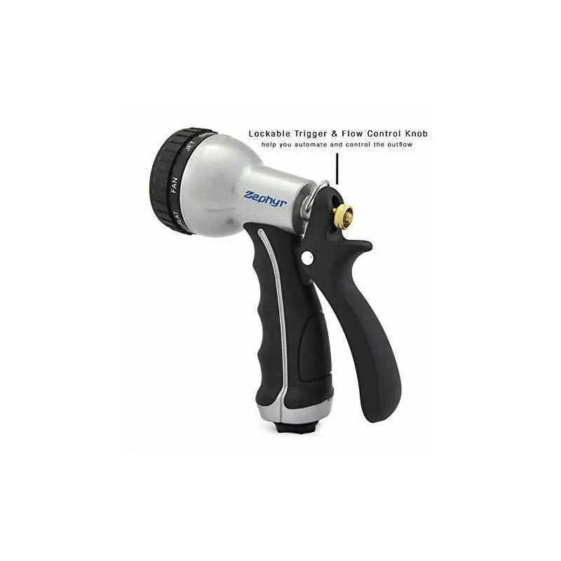 Zephyr 9 Modes High Performance Water Spray Gun Metal Construction, Chrome Finish, 300 PSI, Taiwan,