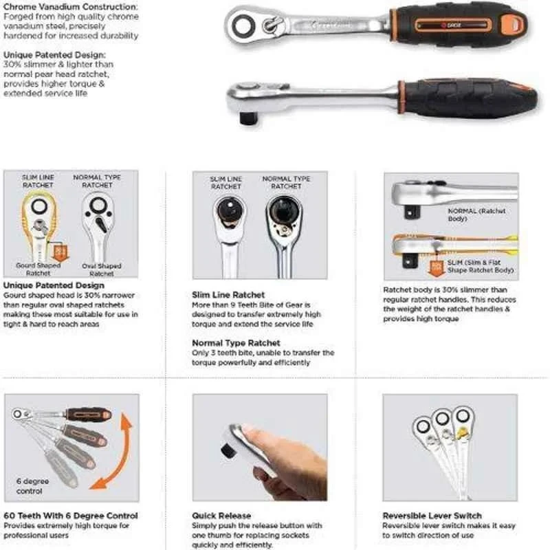 Groz 3/8 inch Slim Line Ratchet Handle 199mm, 270 Nm Torque, Chrome Vanadium, RTD/SL/3-8/UG