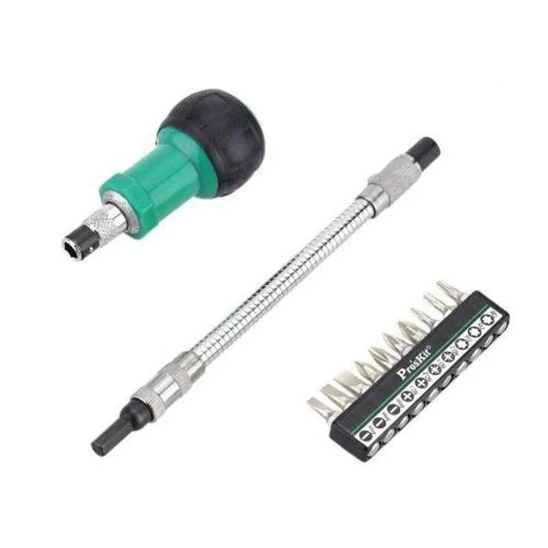 Proskit Flexible Ratchet Driver Set 1PK-201, 10 Piece, Ergonomic Mini Ratchet Handle, Flexible Shaft