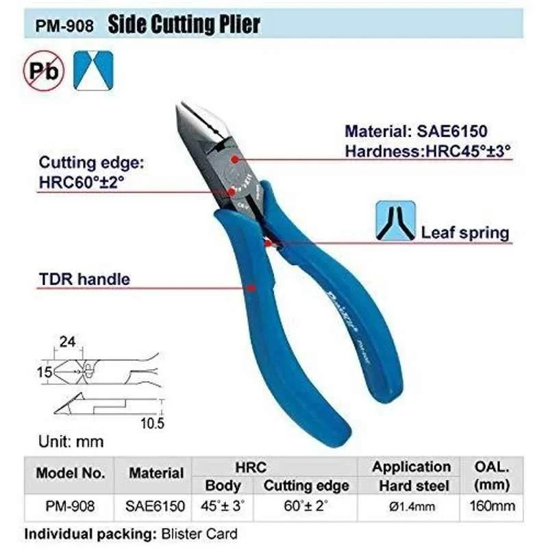 Proskit Side Cutting Plier, Black Oxide Finish, 160mm (6 Inch) PM-908